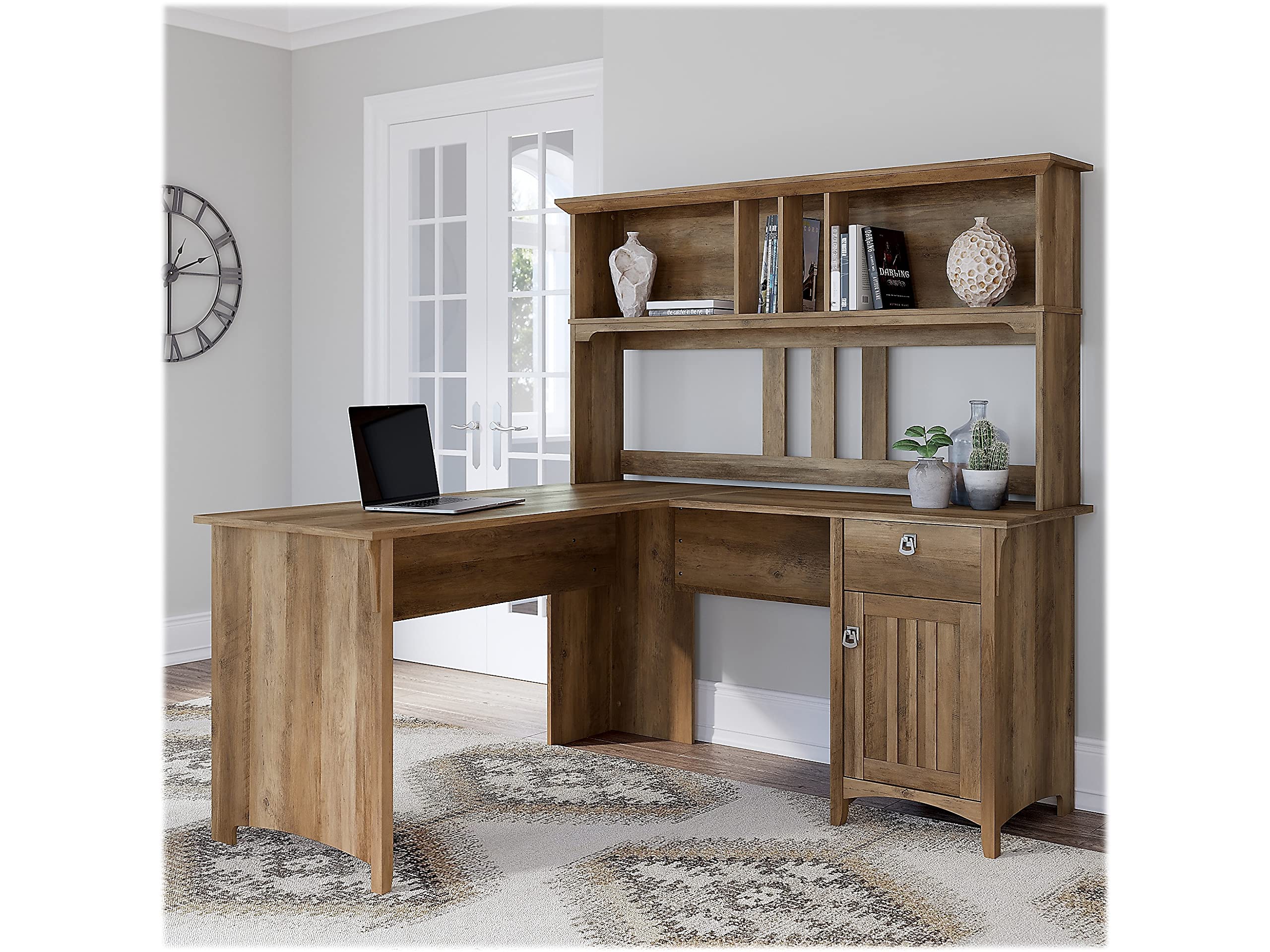 Bush Furniture Salinas L-Shaped Desk with Hutch - Reclaimed Pine Study Table with Drawers & Cabinets | Home Office Computer Work Desk with Storage | Perfect for Small Spaces, Remote Work & Gaming Setup