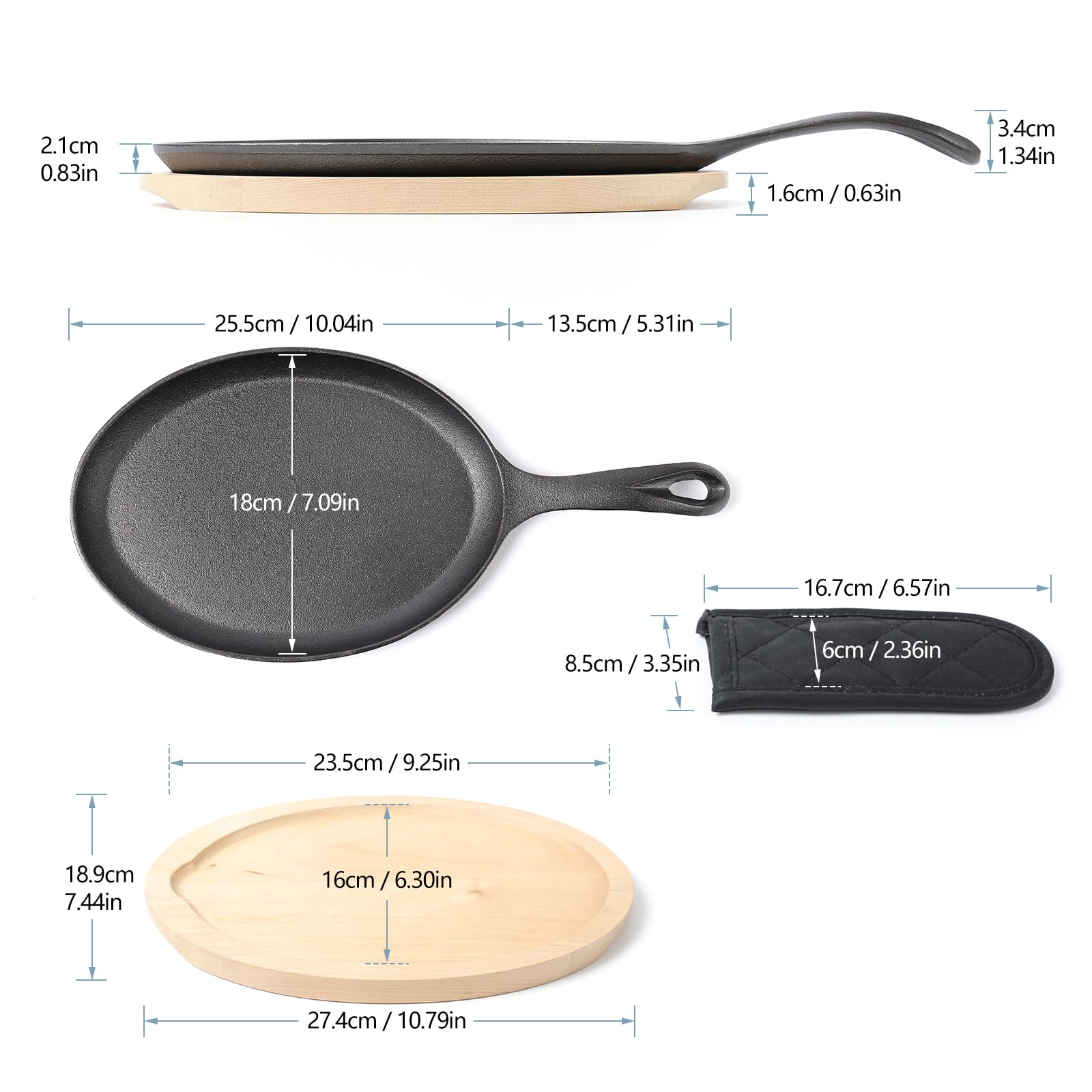 HAWOK Pre-Seasoned Cast Iron Fajita Plate Sizzler Pan Set with Wooden Tray & Handle Holder - 12 Inch Skillet with Wooden Base & Cover - Perfect for Sizzling Fajitas, Steaks & Sizzling Platter Dishes at Home or Restaurant