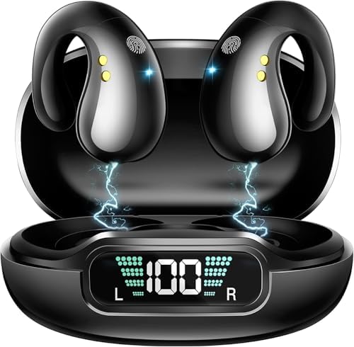 Clip On Bluetooth 5.3 Wireless Earbuds - Open Ear Headphones with 30H Playtime, Digital Display Charging Case, Noise Canceling & IPX7 Waterproof - Perfect for Running, Walking, Gym & Outdoor Sports