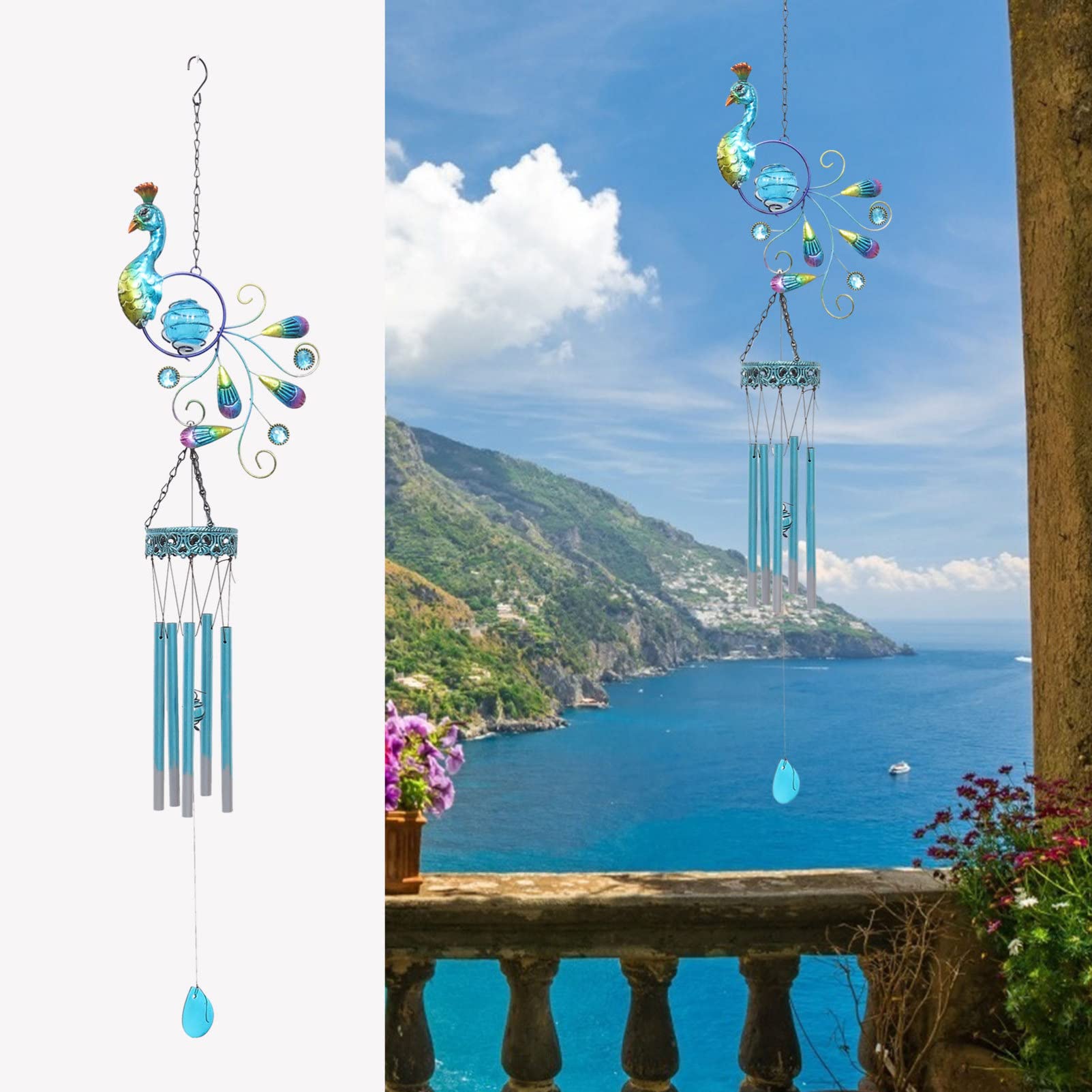 Balacoo Solar Peacock Wind Chime Lamp - Outdoor Garden Decorative Lighting with Ground Plug, Solar Powered Yard & Lawn Light for Patio, Pathway, and Hanging Decor