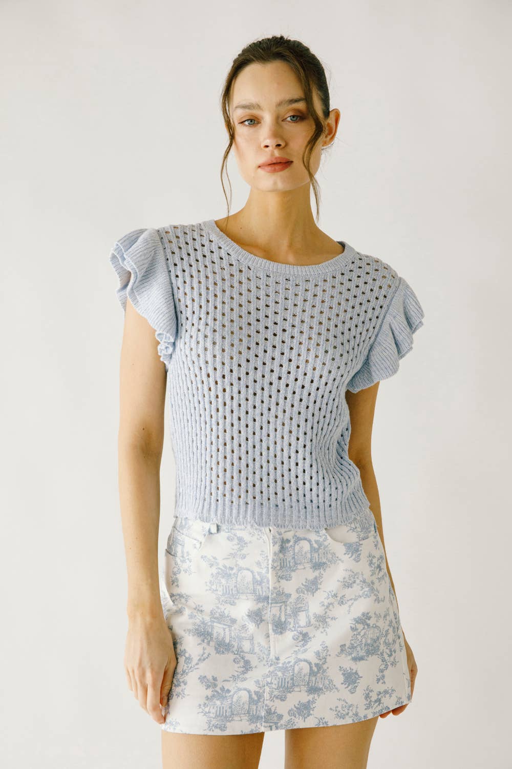 Blue Skies Lasercut Knit Top - Women's Trendy Lace Cutout Blouse for Casual Wear & Date Night Outfits