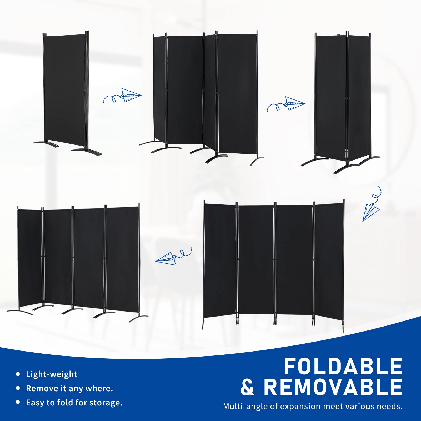 4 Panel Folding Room Divider Privacy Screen - 5.6 FT Freestanding Partition for Office, Bedroom & Study - Portable Space Separator for Home & Office Use - Black
