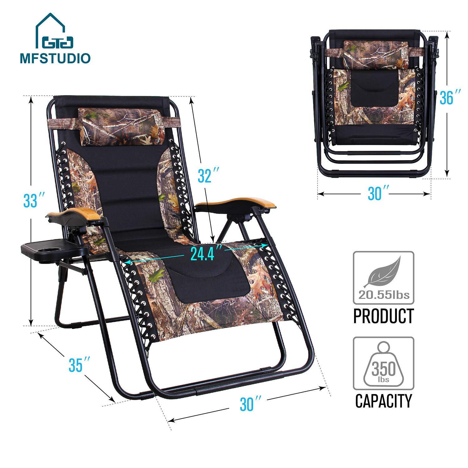 MFSTUDIO Oversized Zero Gravity Chair XL - Extra Wide Padded Folding Recliner with Cup Holder, Heavy Duty Patio Lounge Chair for Poolside, Beach, Backyard, Camping & Outdoor Relaxation (Set of 2, Camouflage) - Perfect for Sunbathing, Reading & Lounging