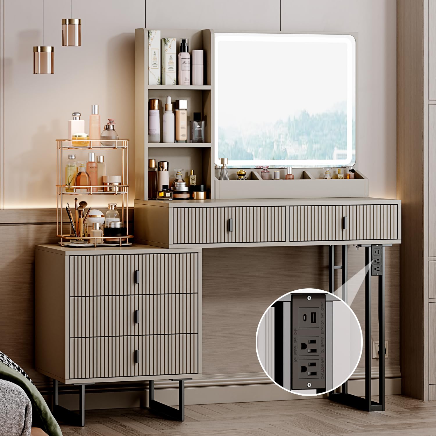 YYJ Large Vanity Desk with 3-Color Touch Screen Dimming Mirror & Charging Station - Modern Retractable Makeup Table with Storage Shelves, Grey - Perfect for Bedroom, Dressing Room & Beauty Salon