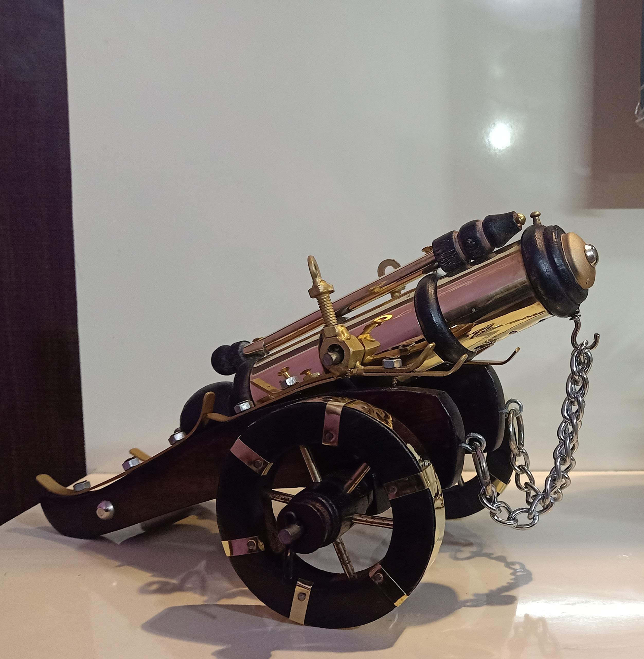 Handmade Antique Brass & Wooden Cannon Showpiece - Unique Home Decor for Living Room | Vintage Wooden Canon Statue | Perfect for Bookshelf Display, Coffee Table Centerpiece & Gift Idea