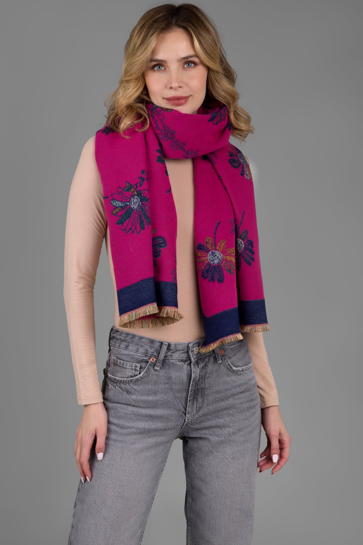 Floral Daisy Reversible Scarf - Lightweight Womens Fashion Accessory for Spring & Summer Outfits - Perfect for Office, Travel and Casual Wear