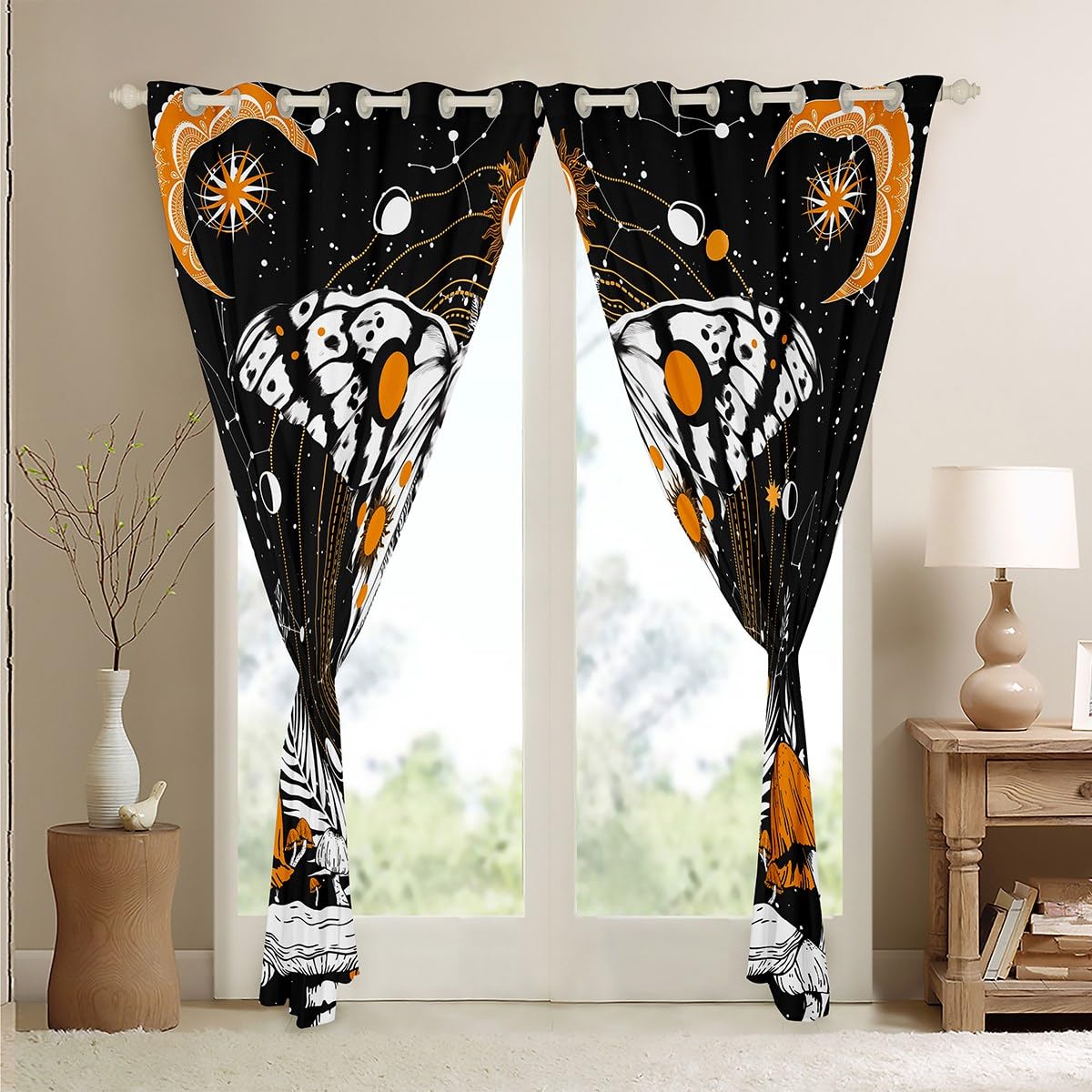 Trippy Yellow Mushroom & Luna Moth Moon Phases Window Curtains Set of 2 Panels - 42x84 Inches Hippie Galaxy Bedroom Drapes for Teens & Adults - Perfect for Boho Decor, Dorm Room, Meditation Space & Psychedelic Room Aesthetics