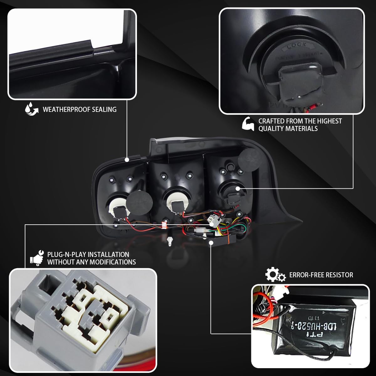 AUTOZENSATION LED Tail Lights for 2005-2009 Ford Mustang - Glossy Black Housing with Dark Smoke Lens - Sequential Turn Signals - Left & Right Pair Assembly - Upgrade Your Mustang's Rear Style for Night Driving & Car Shows