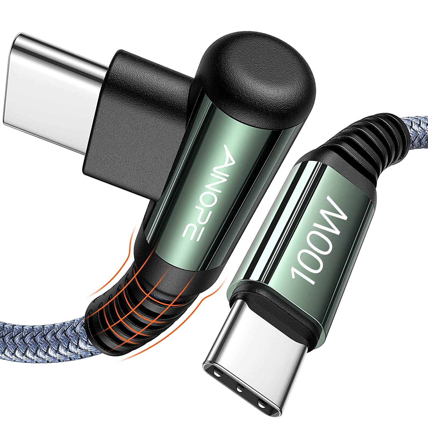 AINOPE 100W USB C to USB C Fast Charging Cable - Durable Right Angle Charger Cord for iPhone 16/Pro Max/Plus, MacBook, iPad Pro, Samsung Galaxy - 1.5FT Grey - Perfect for Travel, Office & Home Charging