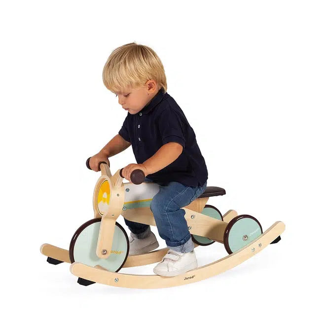 Janod Rocking Tricycle for Toddlers - Wooden Ride-On Toy with Safety Features - Perfect for Indoor & Outdoor Play, Birthday Gifts, and Early Childhood Development
