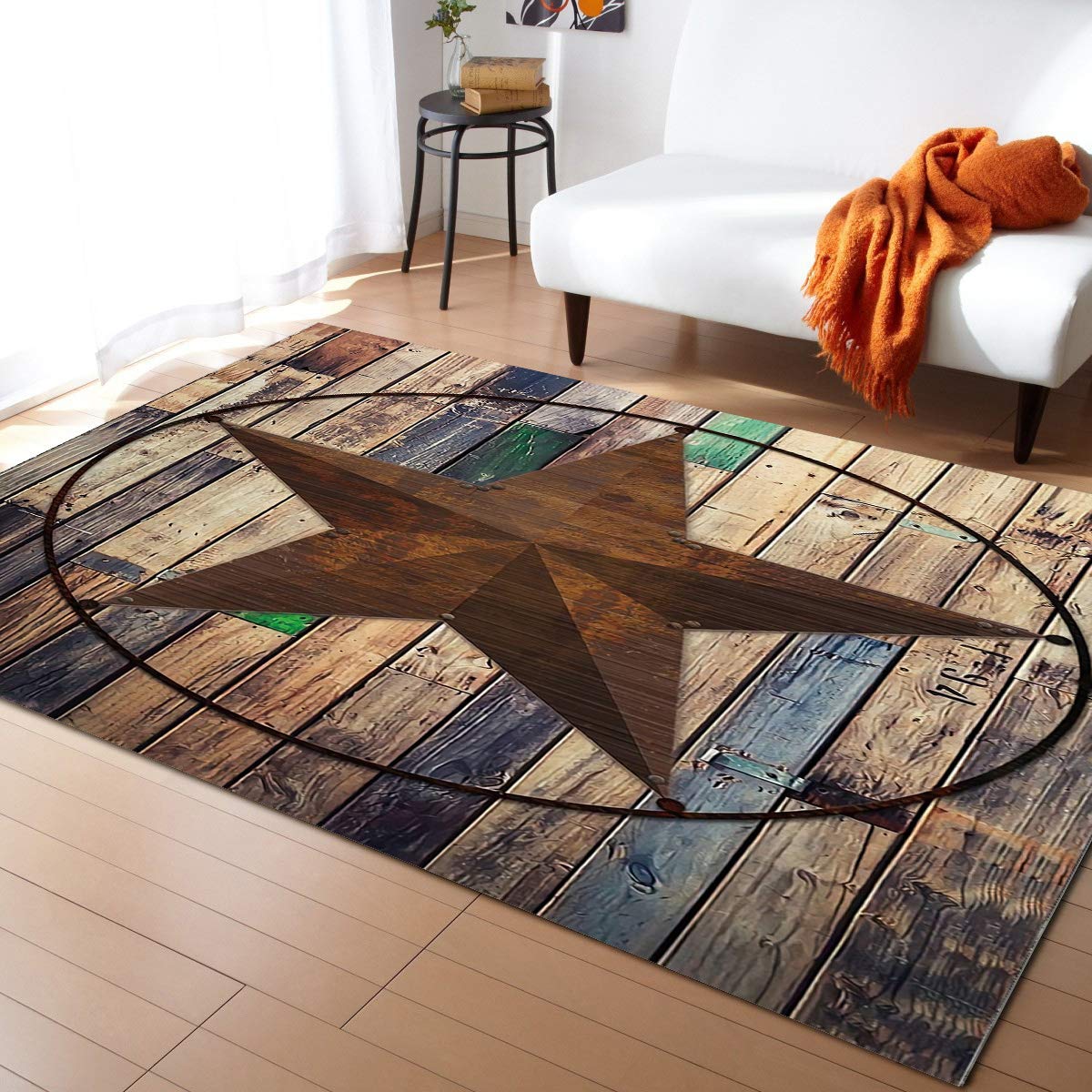 5' x 7' Country Brown Star Area Rug - Rustic Farmhouse Wood Grain Washable Carpet for Indoor & Outdoor Use | Perfect for Living Room, Bedroom, Bathroom, Kitchen, Classroom, Hallway | Durable & Easy to Clean Floor Mat for Home Decor, Kids Play Area & High Traffic Spaces