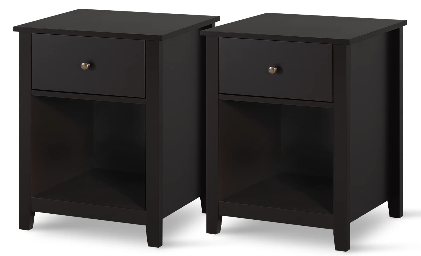 LTMEUTY Set of 2 Black Wood Nightstands with Drawer & Open Cabinet - Modern Bedside Tables for Bedroom, Tall Night Stand with Storage - Perfect for Small Spaces, Guest Rooms & Apartment Living