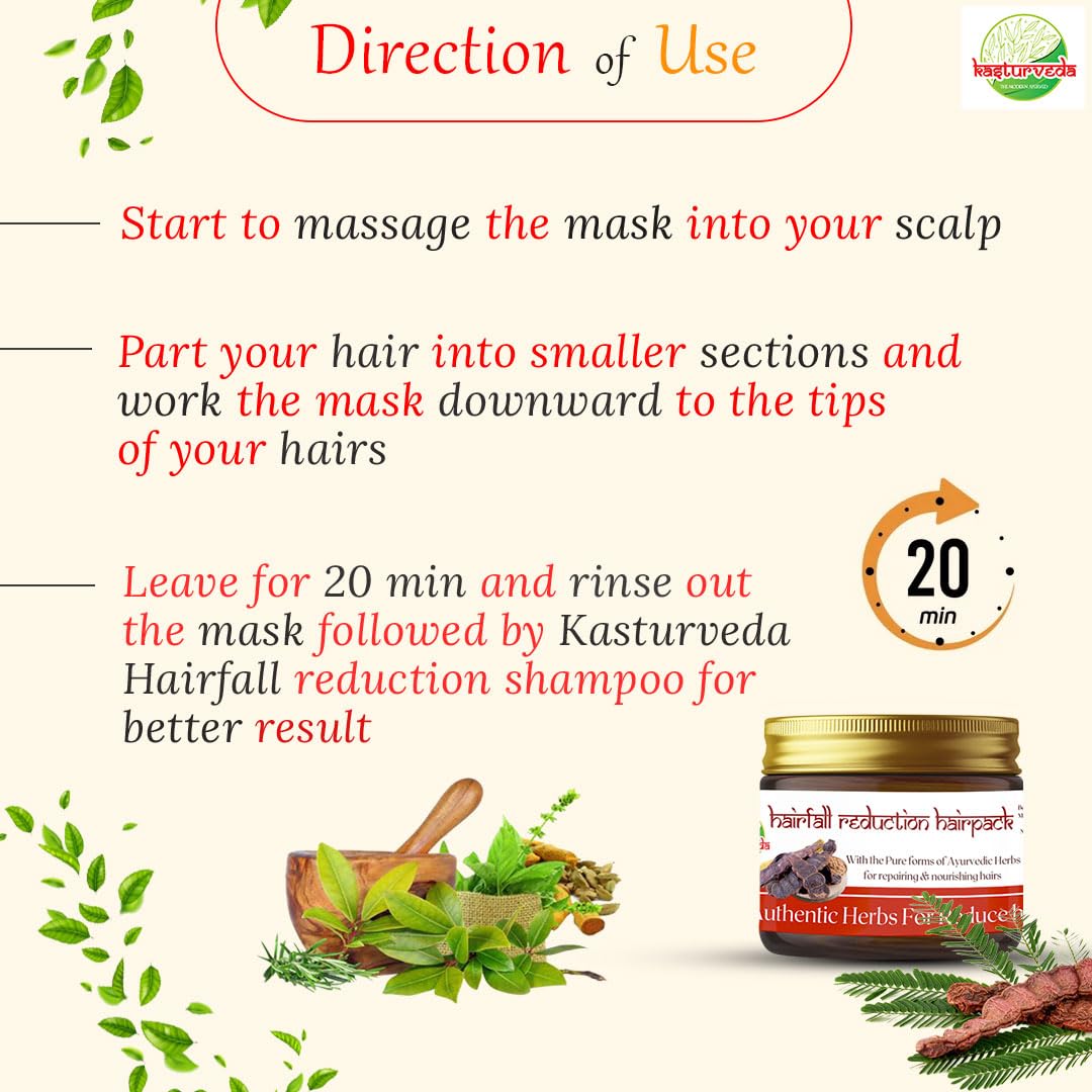 Kasturveda Hair Fall Reduction & Smoothing Hair Mask - 50gm for Dry, Frizzy Hair | Deep Conditioning Treatment for Damaged Hair at Home or Salon Use