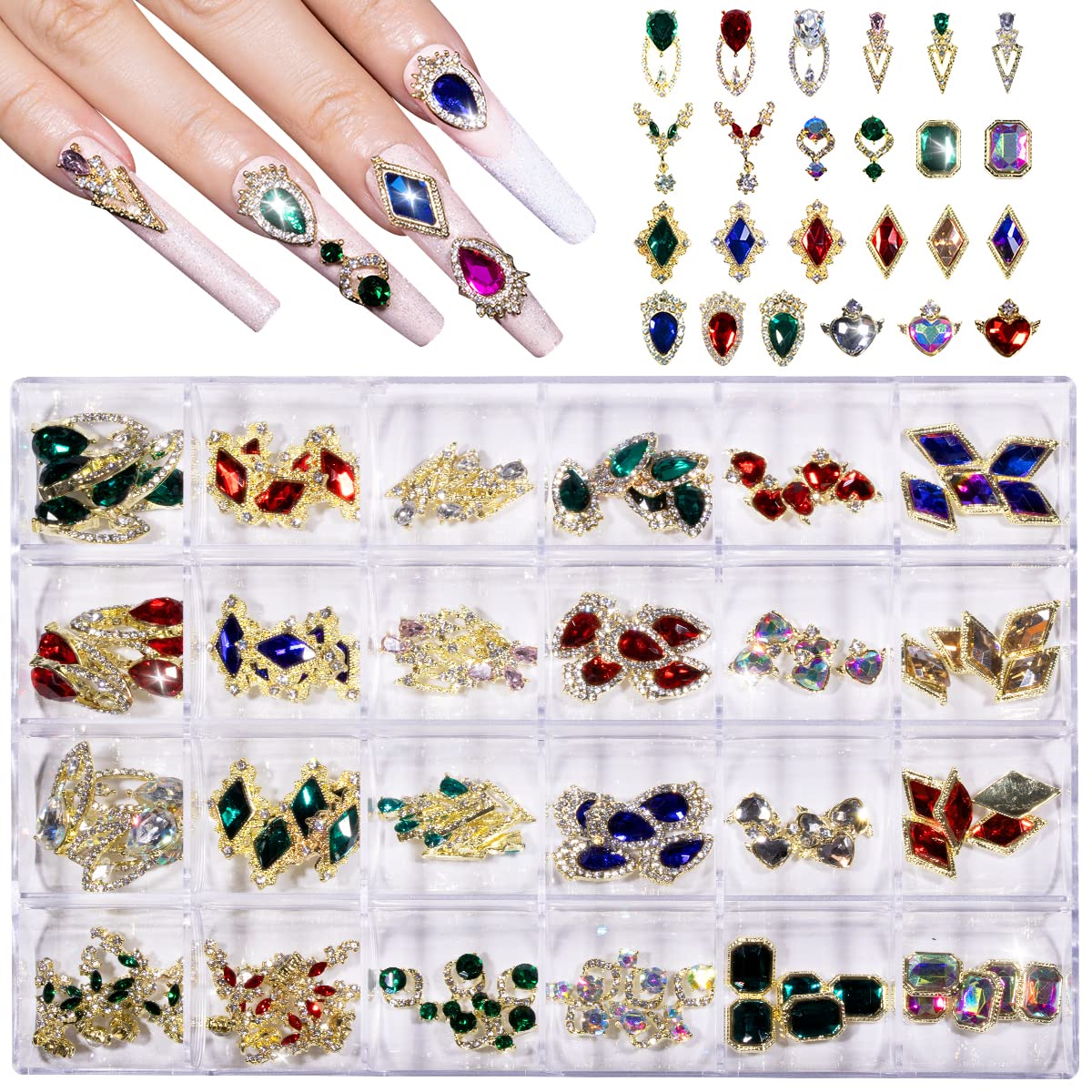 120Pcs 3D Luxury Rhinestone Nail Art Kit - Mixed Size Gold Metal Alloy Charms for DIY Nail Decoration | Perfect for Manicures, Nail Salons & Home Nail Art