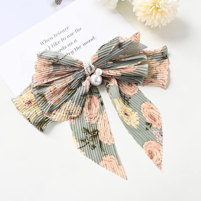ASG Floral Korean Pearl Chiffon Bow Hair Clip - Large Bowknot Spring Hairpin for Women & Girls, Strong Hold Hair Accessory for Wedding, Party & Daily Use