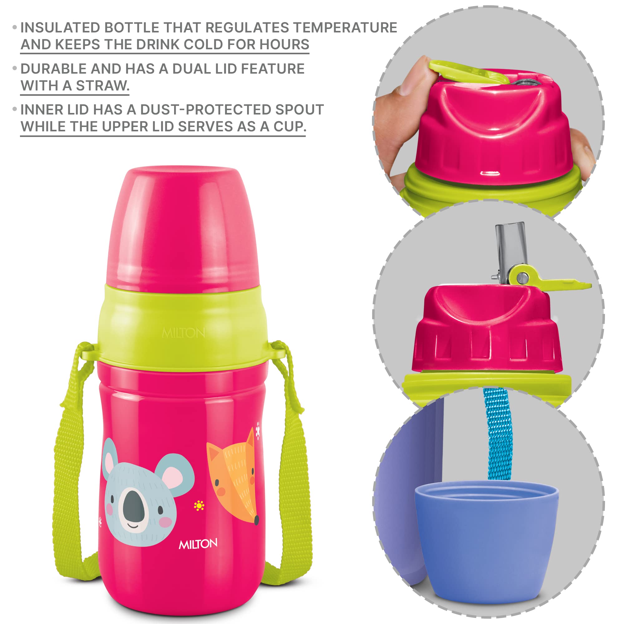 Milton Kool Cheer 400 Kids Insulated Water Bottle with Straw - 390ml, BPA Free, Leak Proof, Food Grade Plastic - Perfect for School, Picnics, Sports & Outdoor Activities (Red)