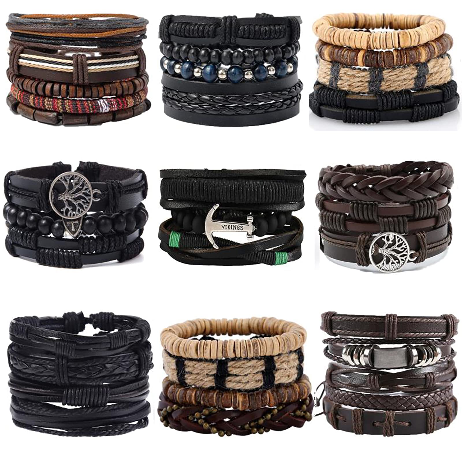 Svovin 9-Pack Braided Leather Bracelets for Men & Women - Adjustable Wood Bead Wrap Bracelet Set, Boho Tribal Rope Wristbands - Perfect for Casual Wear, Festivals, and Gifts