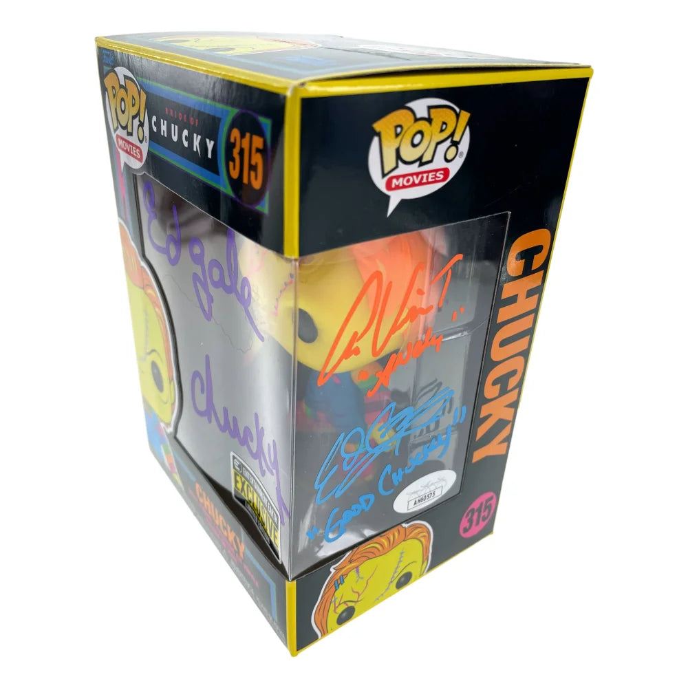 Chucky Funko Pop #315 Neon - Autographed by Ed Gale, Alex Vincent & Edan Gross with JSA COA - Signed Horror Collectible for Fans & Movie Memorabilia Enthusiasts