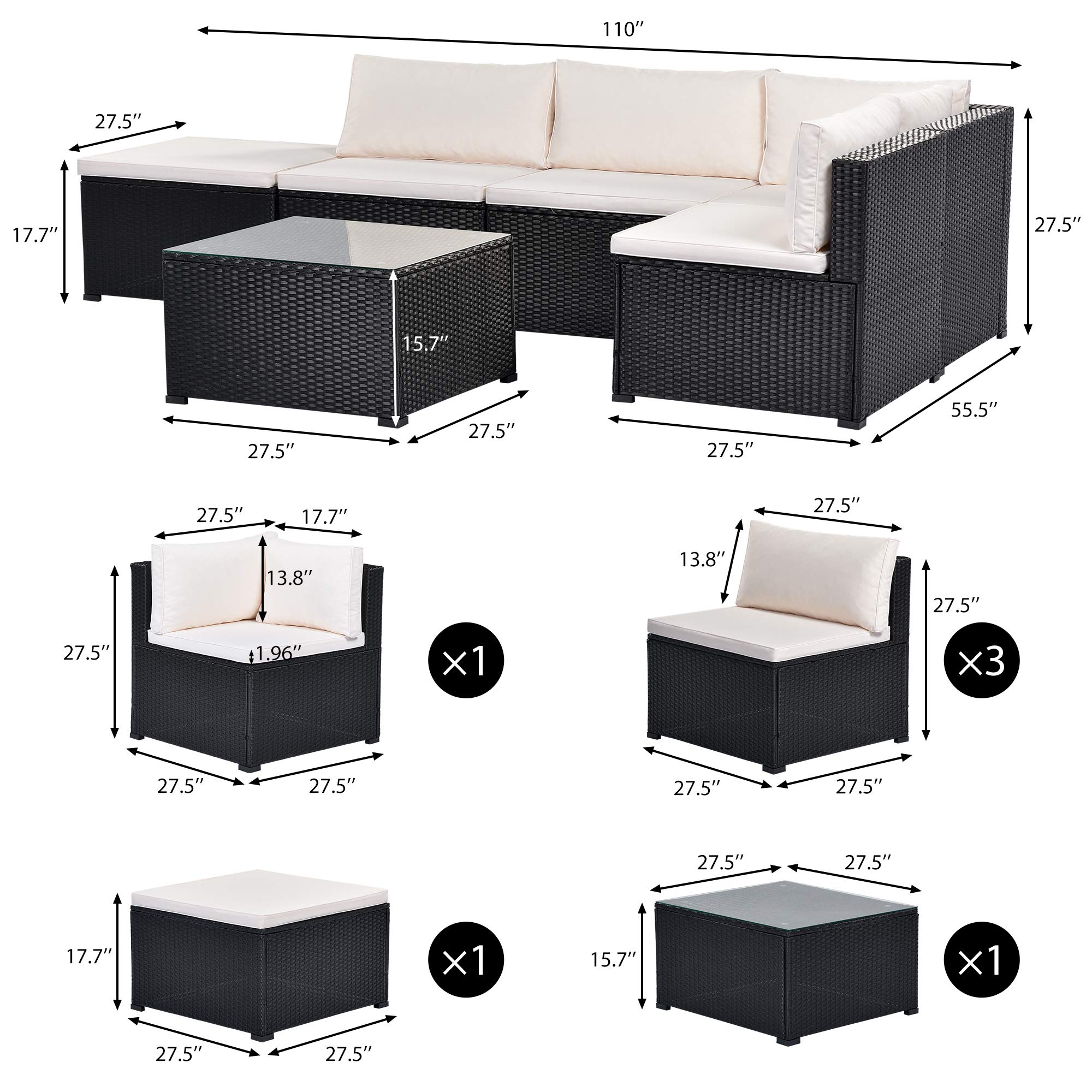 Merax 6-Piece All-Weather PE Rattan Patio Furniture Set - Outdoor Wicker Sectional Sofa with Coffee Table & Cushions (Black+Beige) - Perfect for Garden, Backyard, Poolside & Patio Relaxation