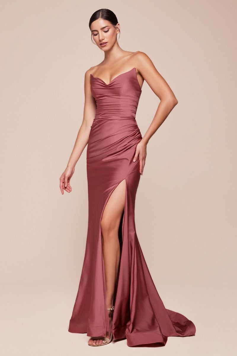 Elegant Strapless Stretch Spandex Satin Fitted Gown - Pointed V Neckline Ava Gown in Sienna Rose | Perfect for Prom, Evening Parties & Formal Events