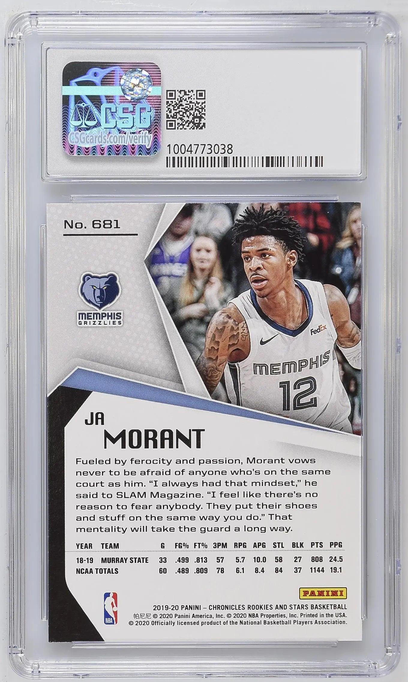 2019-20 Panini Chronicles Ja Morant Rookie Card RC Rookies & Stars CSG 9.5 #681 - Perfect for NBA Collectors and Basketball Memorabilia Fans