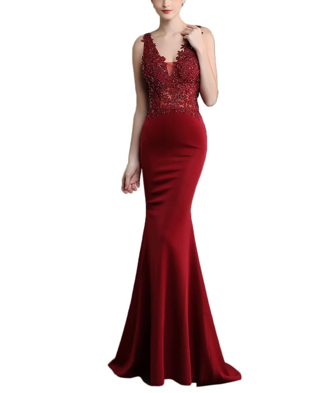 Elegant V-Neck Floral Lace Mermaid Prom Dress for Women - Long Formal Evening Gown with Appliques | Perfect for Homecoming, Wedding Guest & Special Occasions