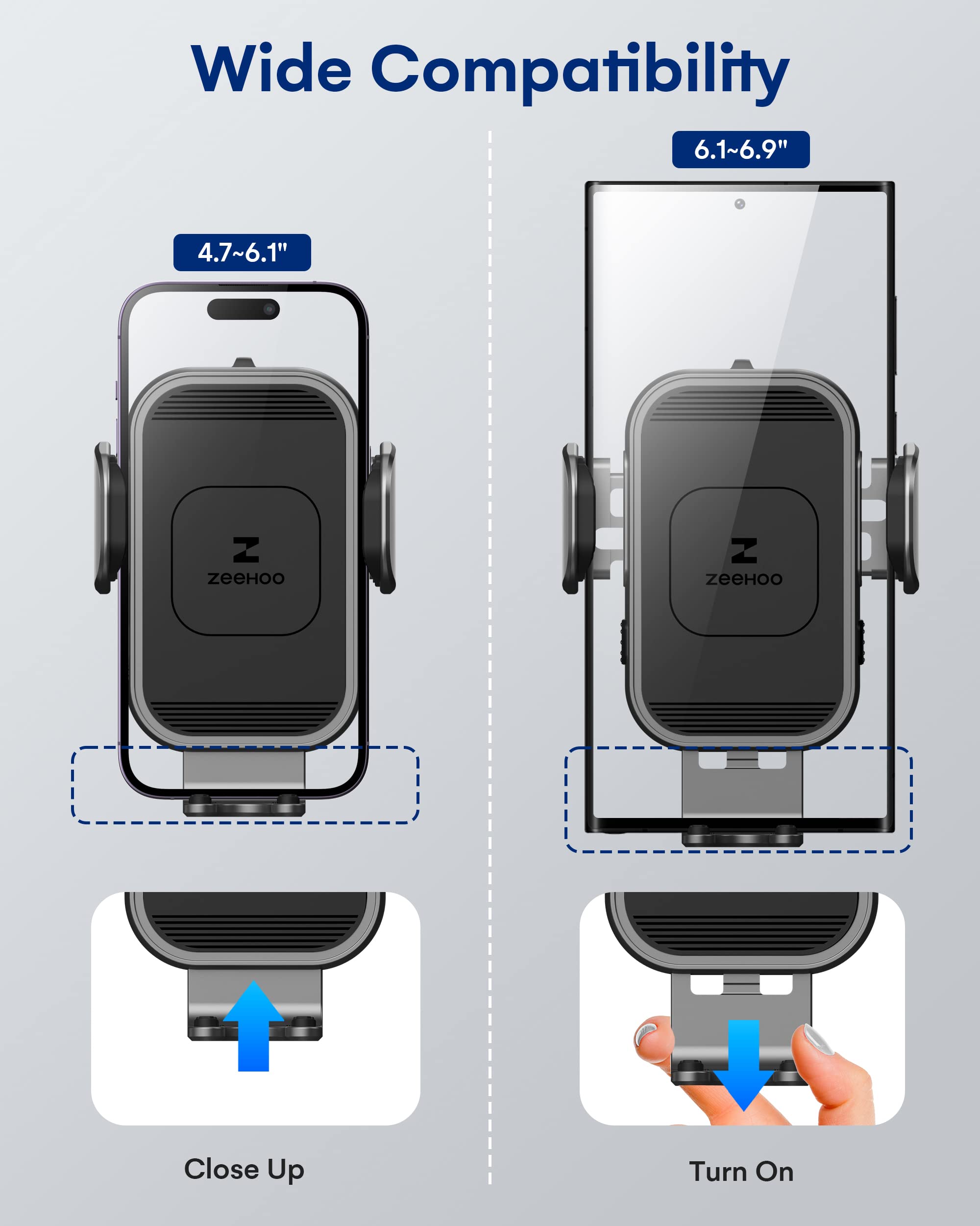 ZEEHOO 15W Fast Wireless Car Charger - Auto Clamping Phone Mount Holder for iPhone 15/14/13/12/11 Pro Max/XS & Samsung Galaxy S23+/S22 (Grey) | Secure Charging While Driving, Perfect for Commuters & Road Trips
