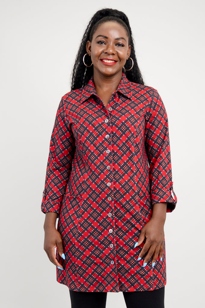 Charlie Tunic - Cherry Plaid Bamboo V-Neck Top | Women's Casual Blouse for Work & Weekend | Breathable & Comfortable Summer Outfit