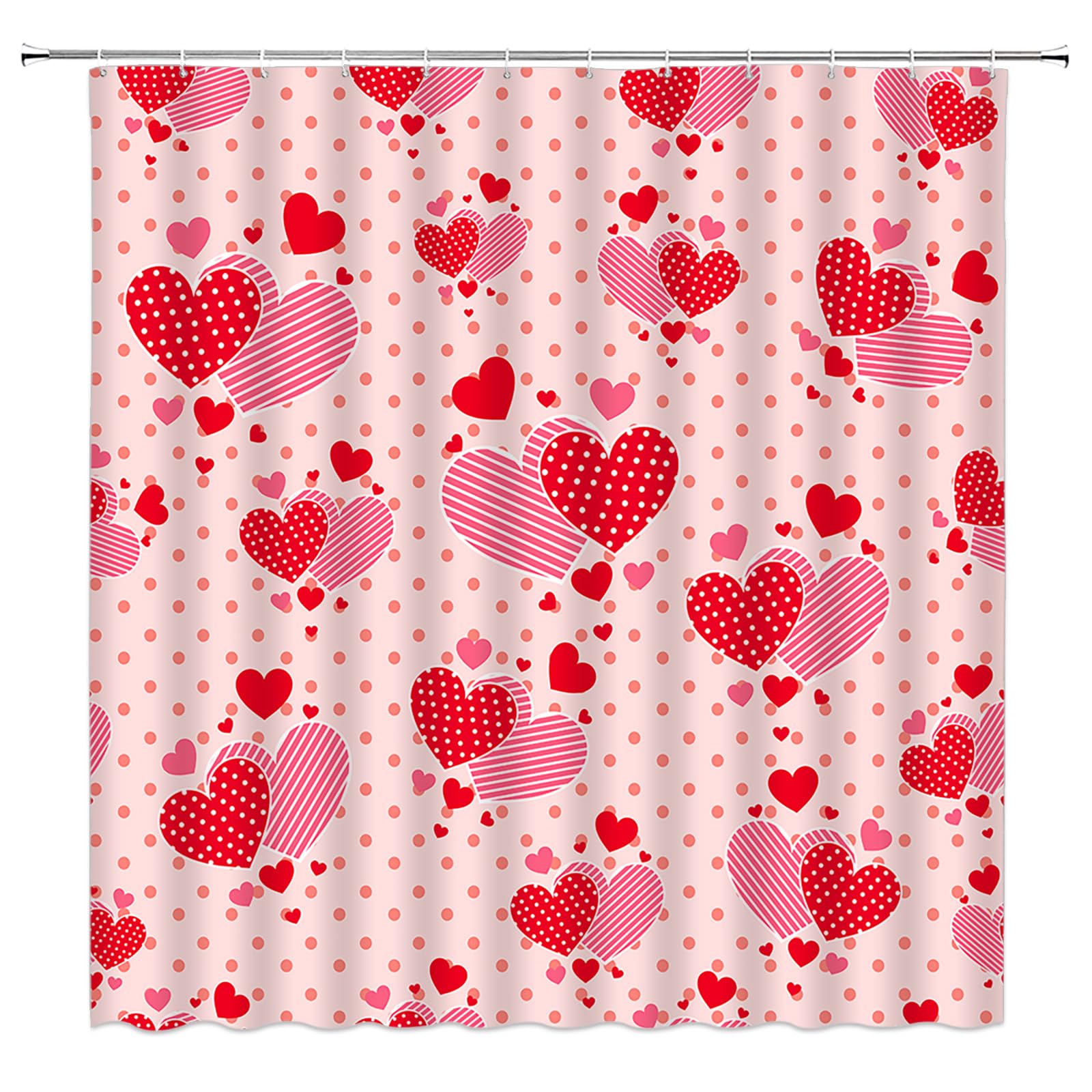 Valentine's Day Shower Curtain - Red Pink Heart Love Couple Sweet Polka Dot Striped Romantic Bathroom Decor with Hooks | Perfect for Couples' Bathroom, Anniversary Gift & Valentine's Decor