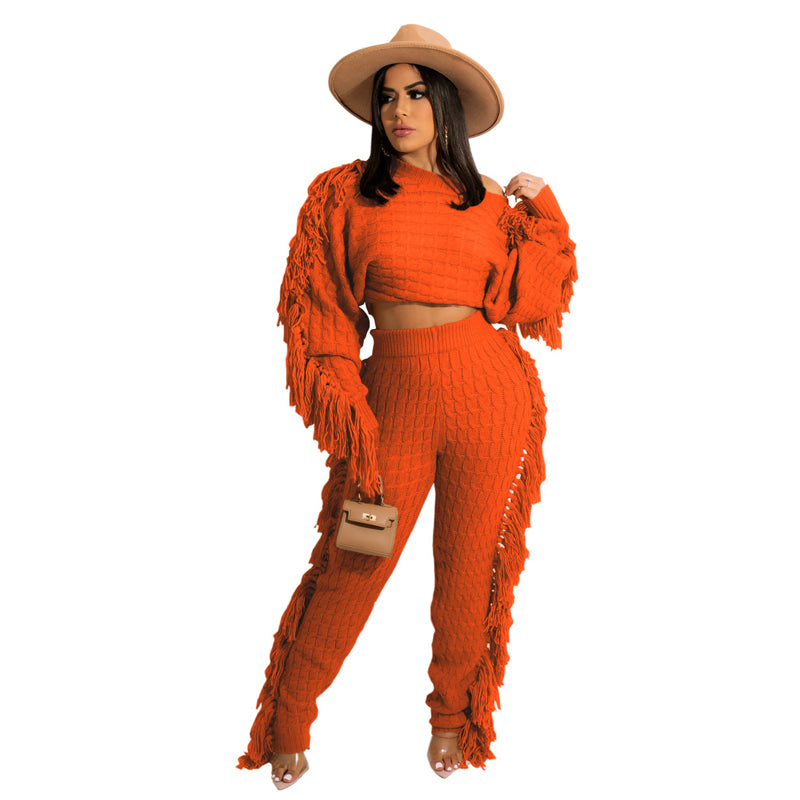 Solid Color Knitted Long Sleeve Fringe Suit - Women's Elegant Loungewear for Home, Office & Special Occasions