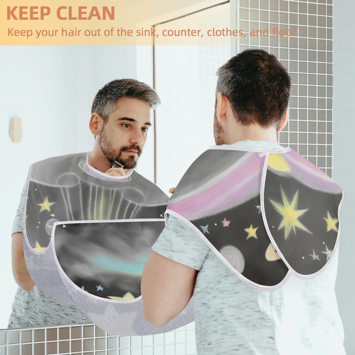 Cartoon Planet Print Beard Shaving Bib for Men - Waterproof Makeup & Hair Dye Apron, Barber Cape for Haircut & Beard Trimming - Sink Hair Catcher & Styling Tool - Perfect for Home Grooming & Salon Use
