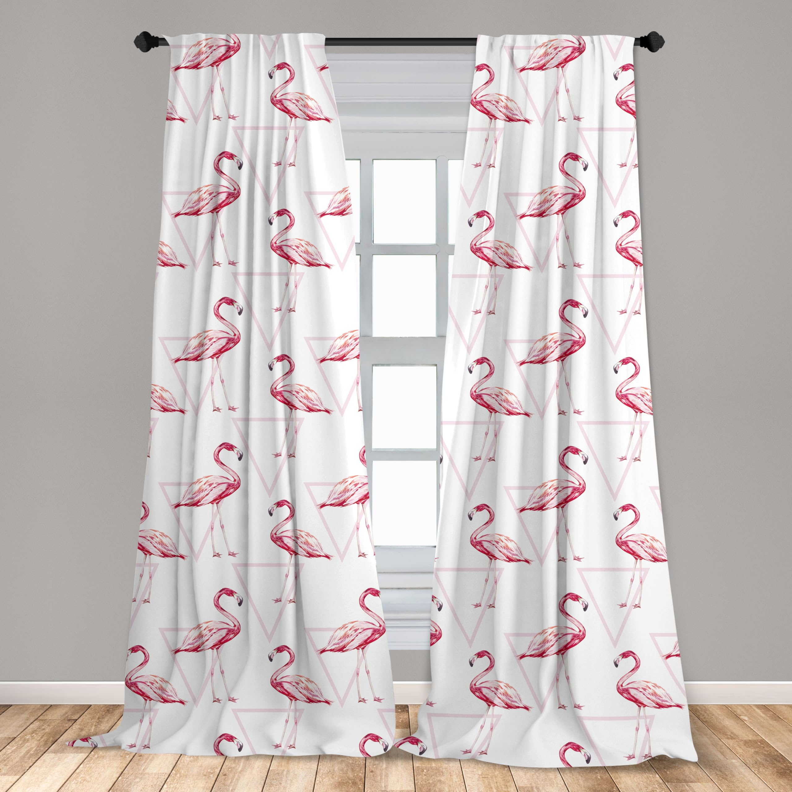 Ambesonne Flamingo Window Curtains Set of 2 - Realistic Animal Print with Geometric Pink Triangle Design, 28
