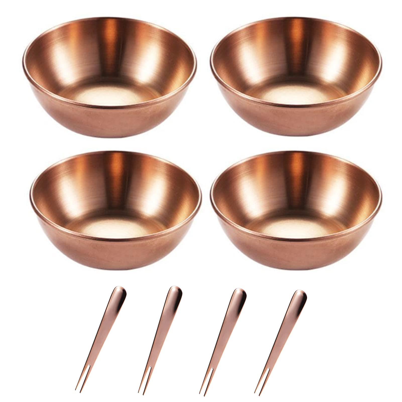 4-Piece Stainless Steel Mini Sauce Dishes Set - Individual Round Saucers for Sushi Dipping, Seasoning, Appetizers & Desserts (Rose Gold) - Includes 4 Dual-Head Spoon & Fork Utensils - Perfect for Dinner Parties, Asian Cuisine & Home Entertaining
