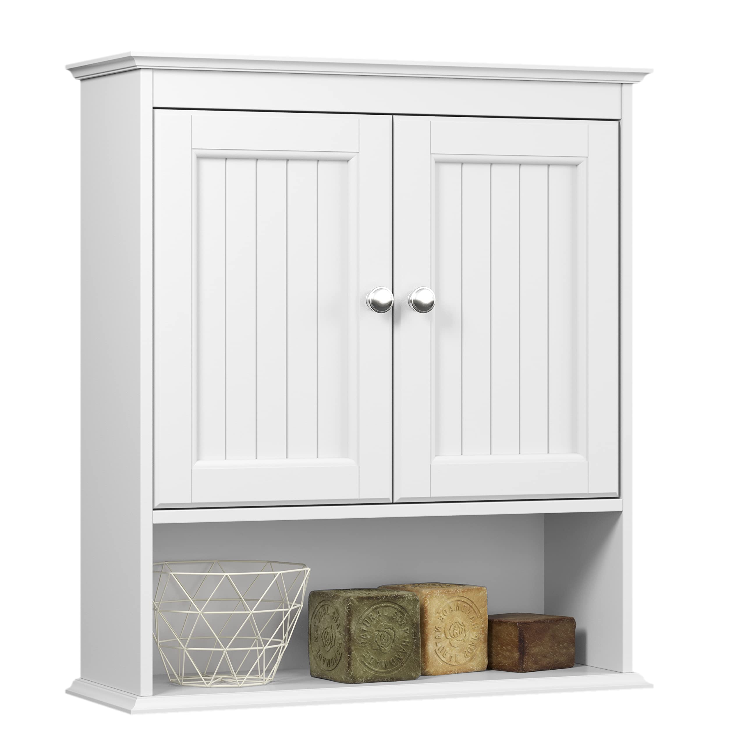 White Wooden Wall Mounted Bathroom Cabinet with Doors and Shelves - Over The Toilet Storage Organizer for Towels, Toiletries & Bathroom Essentials | Space-Saving Bathroom Decor