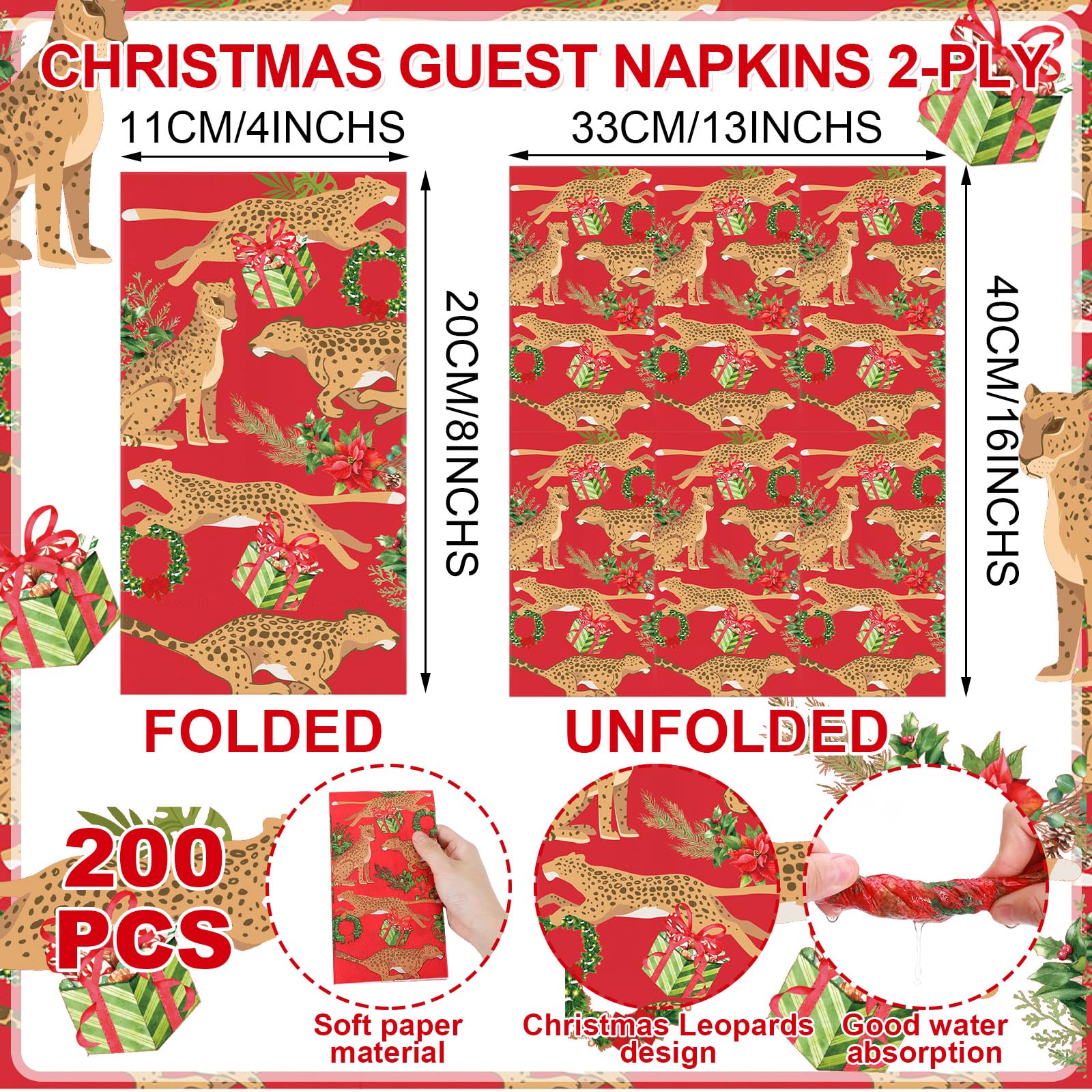 Seajan 200-Pack Christmas Leopard Print Disposable Paper Napkins & Hand Towels - Premium Bathroom Guest Towels for Holiday Parties, Weddings & Home Decor