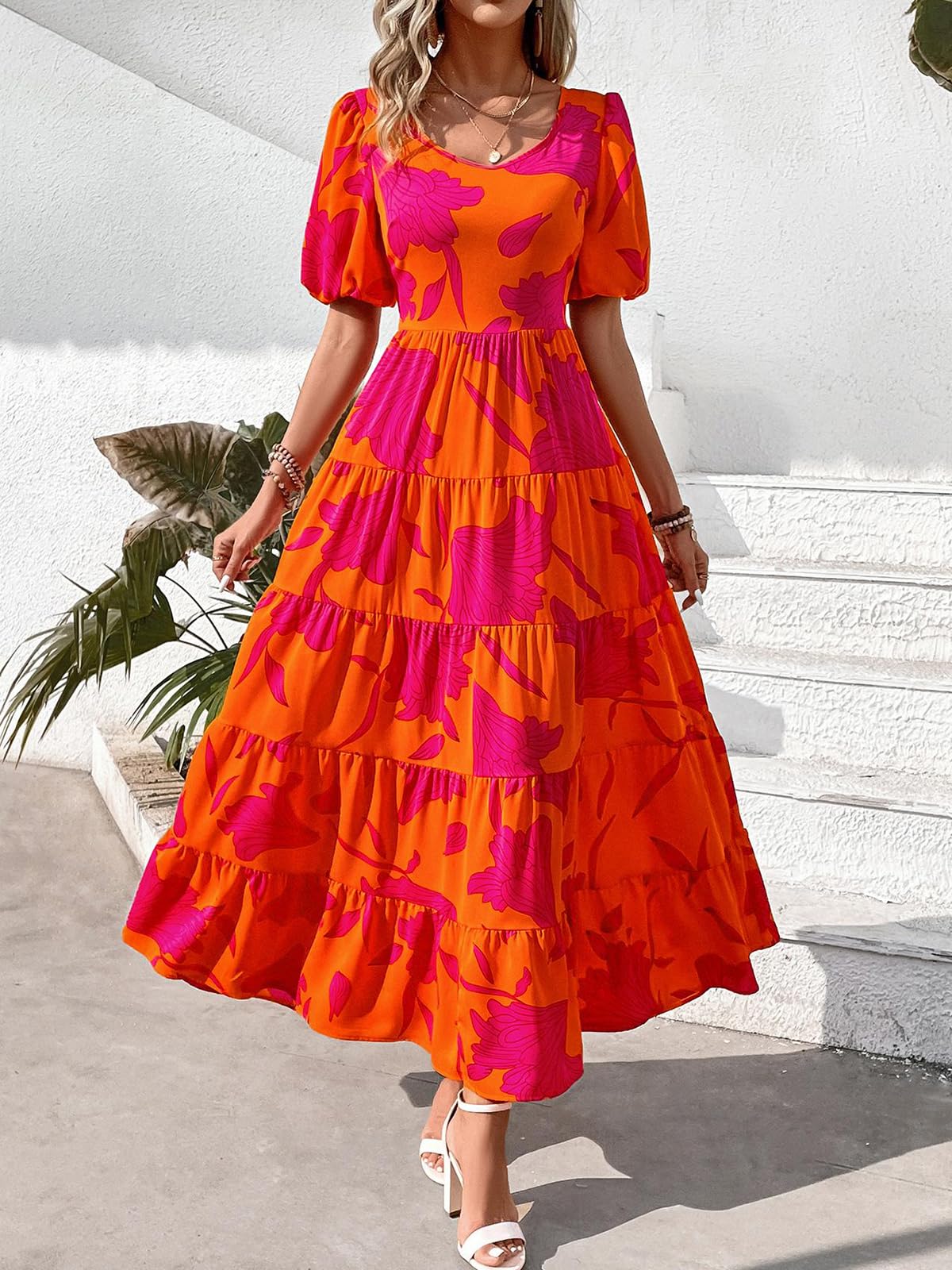 PRETTYGARDEN Women's Floral Summer Maxi Dress 2025 - Puff Sleeve, Smocked Backless, Flowy Tiered Design for Beach, Vacation & Casual Wear | Boho Chic Dress for Outdoor Parties, Date Nights & Summer Getaways