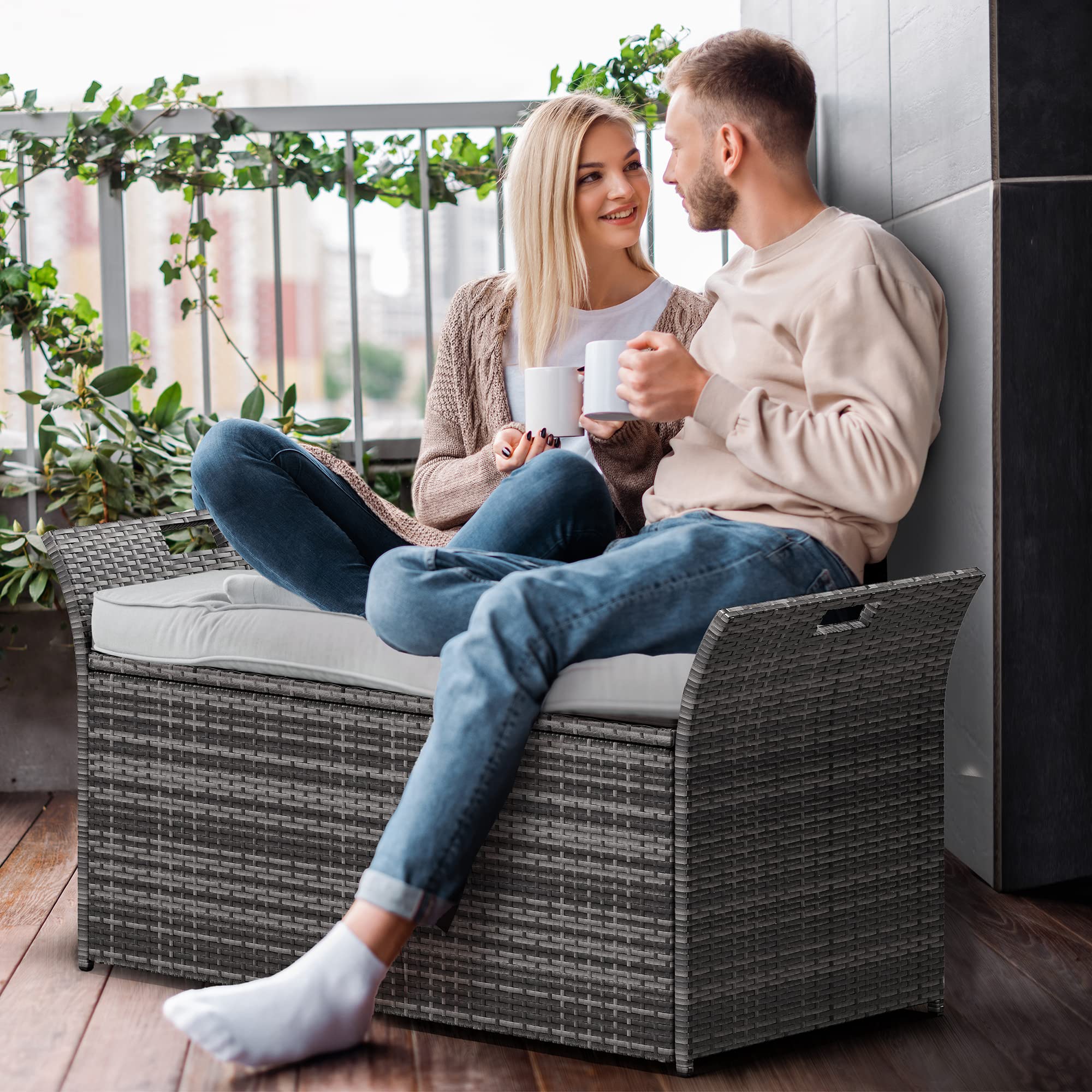 YITAHOME 90 Gallon Outdoor Wicker Storage Bench with Cushion - Large PE Rattan Deck Storage Box with Handles & Hydraulic Lid - Perfect for Patio Furniture, Cushions, Garden Tools, Pool & Sports Equipment - Light Gray - Ideal for Backyard, Deck, Poolside & Outdoor Storage Organization