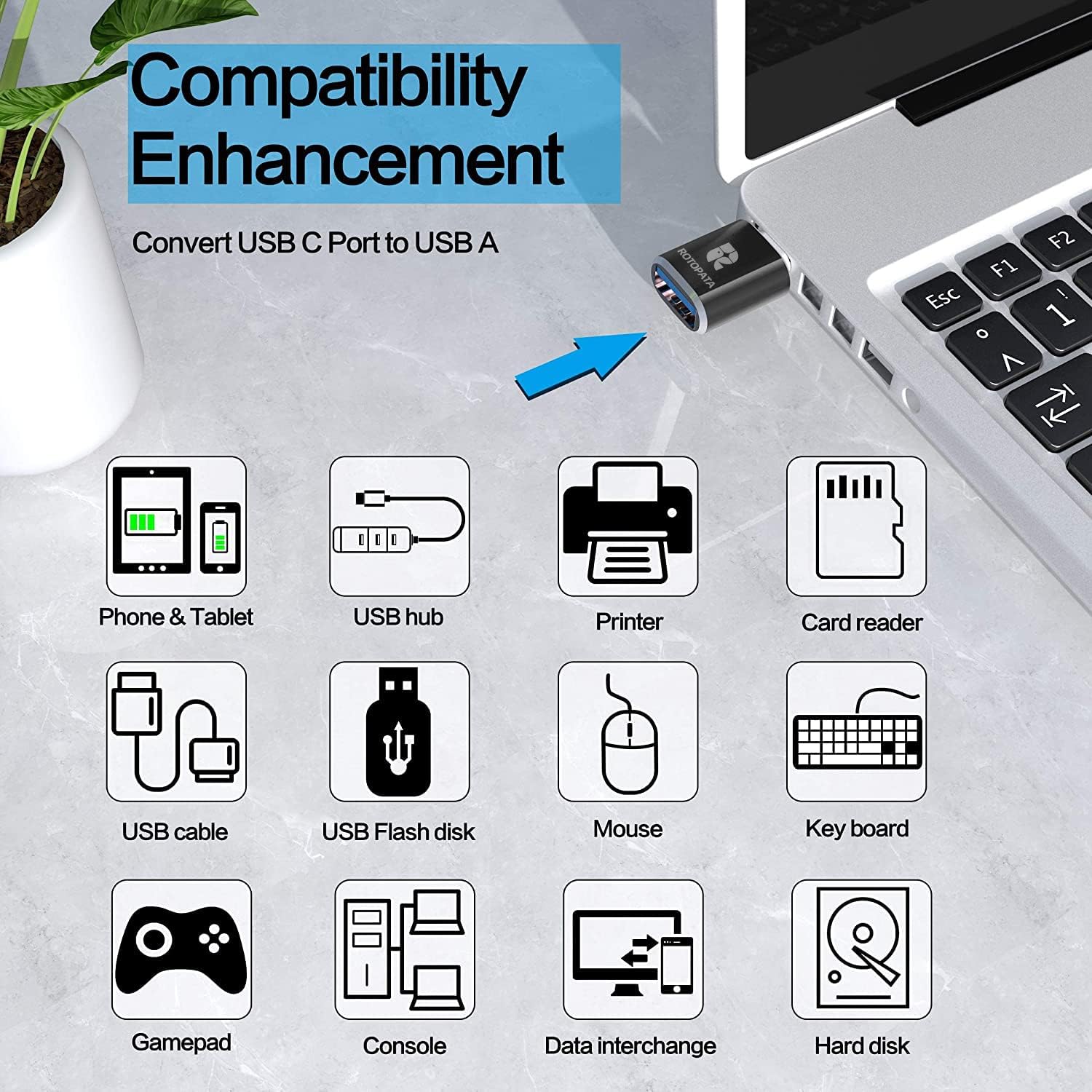 ROTOPATA 2 Pack USB C to USB 3.0 Female Adapter, OTG Type C Converter for MacBook Pro 2019/2020, MacBook Air, Samsung Galaxy, iPhone 15 - Perfect for Data Transfer, Charging & Connecting Peripherals