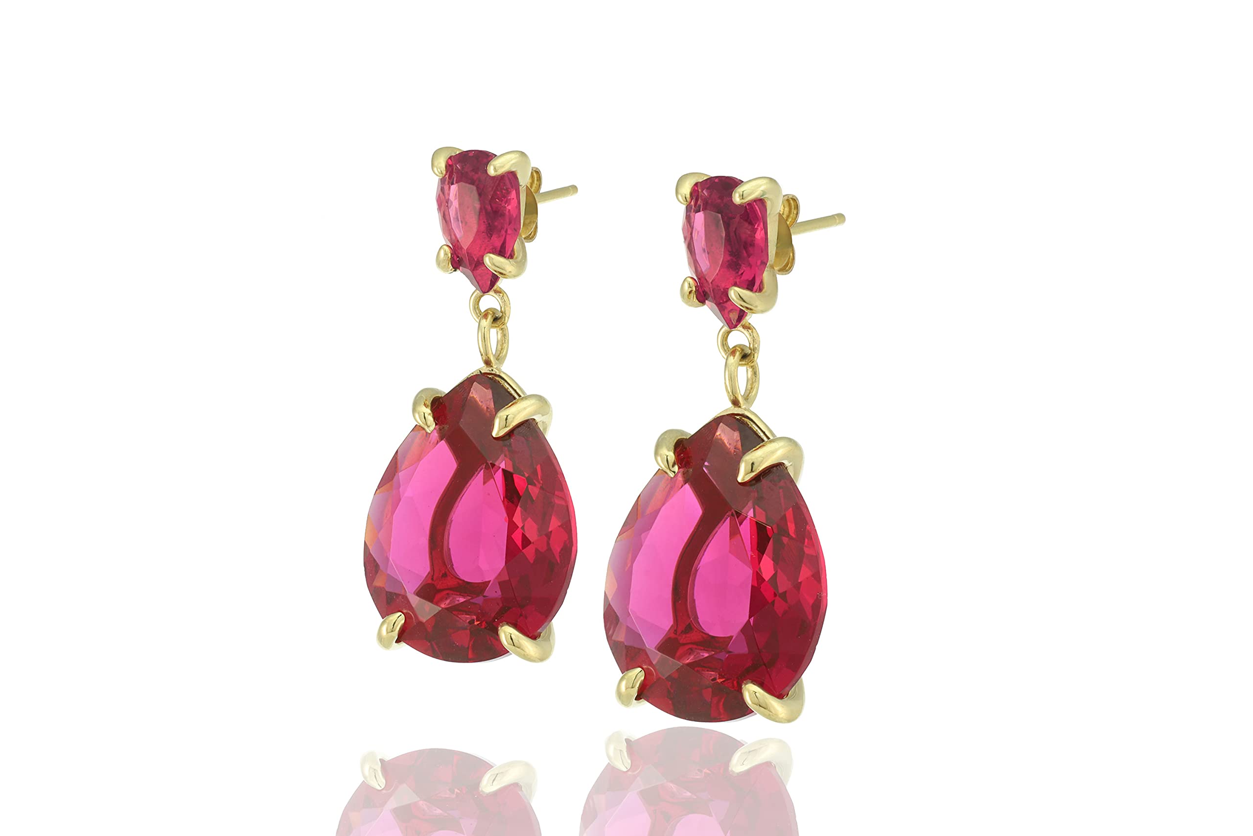 Pink Tourmaline Dangle Earrings for Women - 14K Gold Coated October Birthstone Jewelry - Pear Cut Faceted Gemstone Vermeil Earrings - Elegant Two-Tier Drop Earrings for Party, Wedding & Everyday Wear
