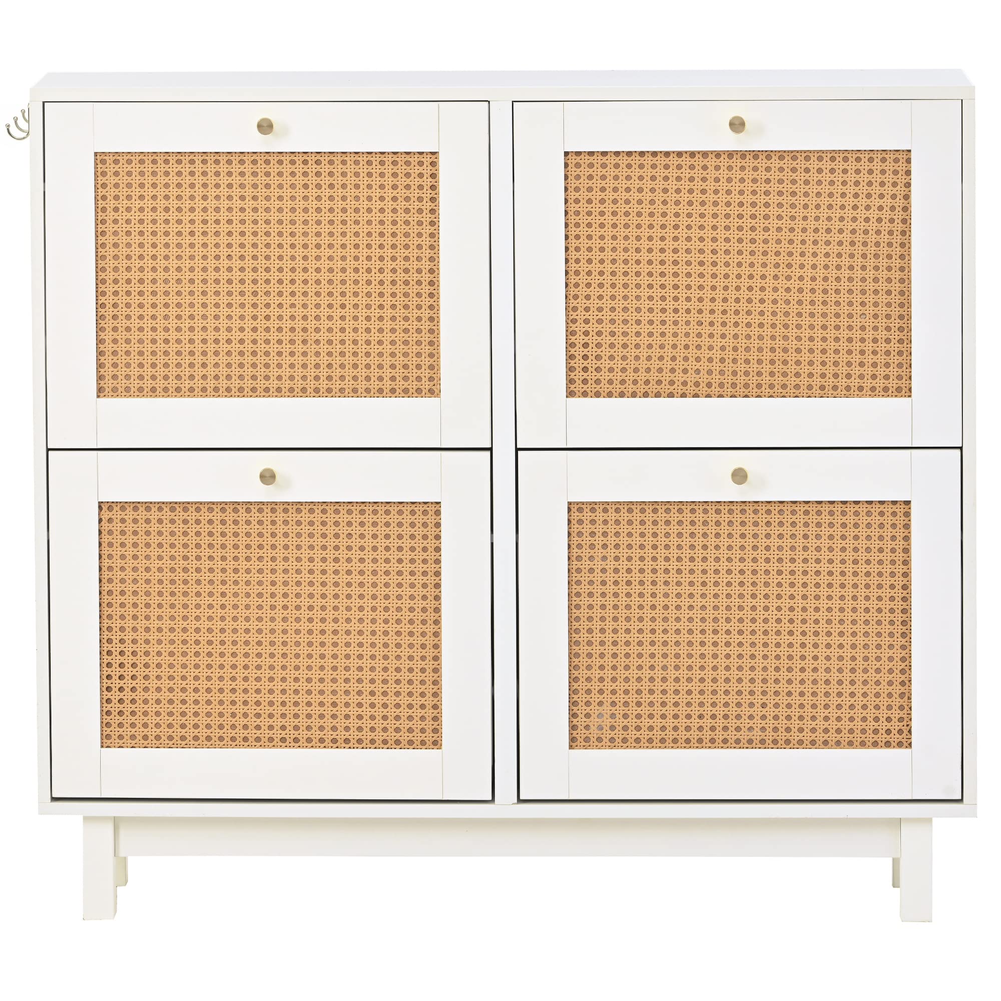 Boho Style Rattan Shoe Cabinet with 4 Flip Drawers - 2-Tier Shoe Storage Organizer with Large Capacity | Free Standing Shoe Rack for Entryway, Hallway, Bedroom & Closet (White/Boho) - Perfect for Small Spaces & Home Organization