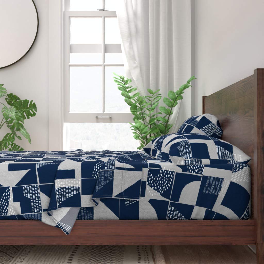 100% Cotton Twin Sheet Set 3pc - Geometric Abstract Blue Gray Japandi Scandi Neutral Navy Print Custom Bedding | Soft Breathable Bed Sheets for Guest Room, Dorm & Cozy Home Decor