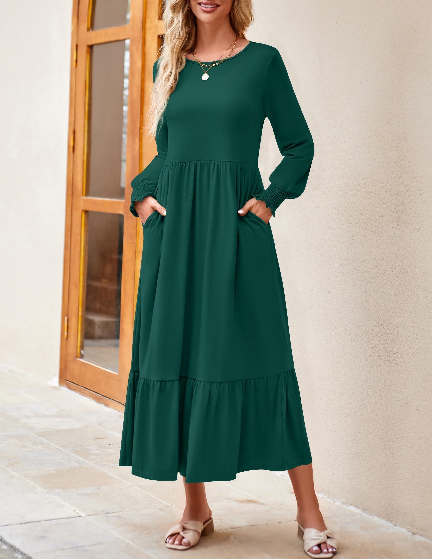 ZESICA Women's Long Sleeve Pleated Swing Dress - Crewneck Casual Tiered Midi Dress with Pockets for Spring 2025 | Perfect for Office, Brunch & Date Nights