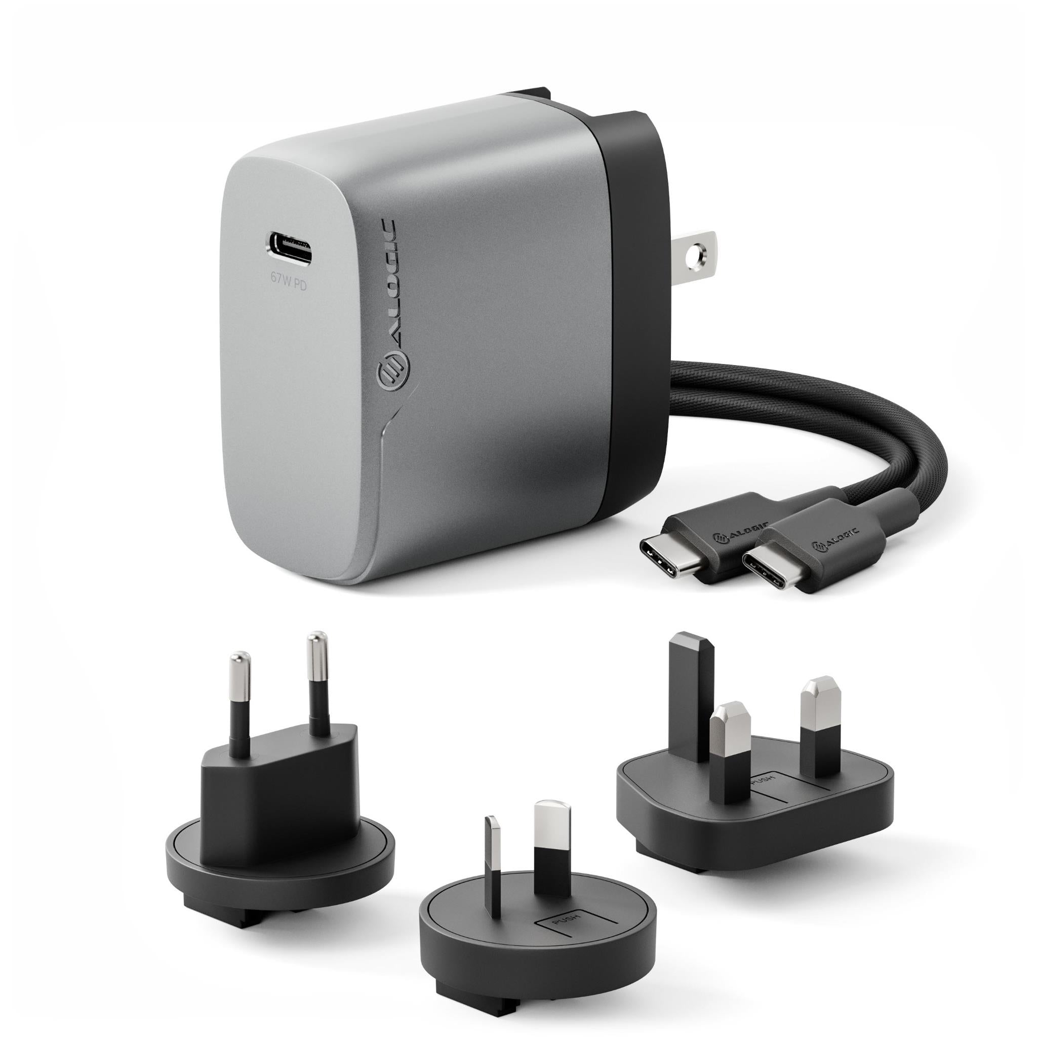 ALOGIC 67W GaN Fast Charger with Multi-Country Adapter - Compact Travel Charger for Laptop, Phone & Tablet (Space Grey) | Perfect for Business Trips, Vacations & International Travel