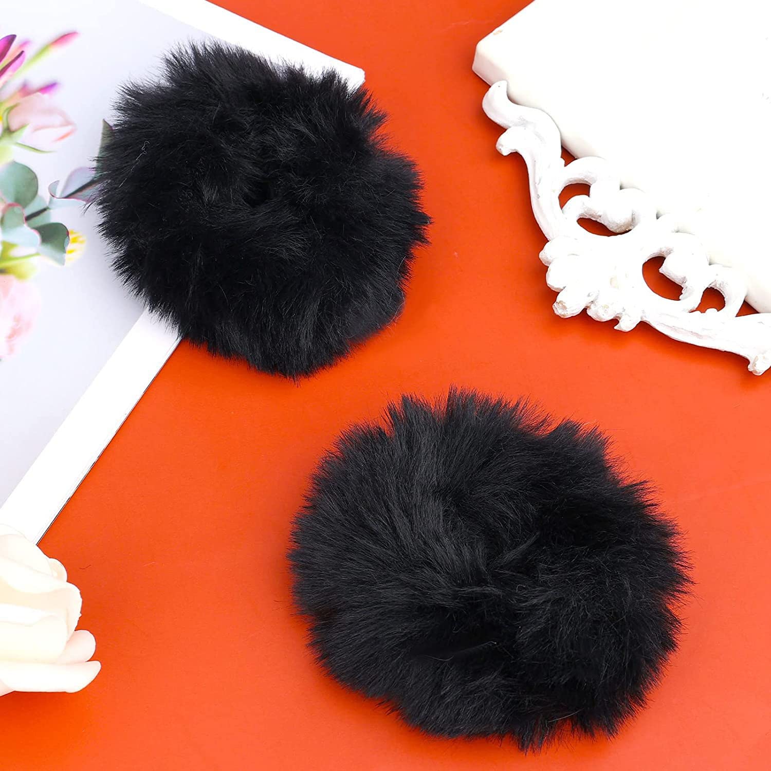 Kidzoo 2-Pack Super Soft Faux Fur Rabbit Hair Scrunchies - Elastic Ponytail Holders & Wristbands for Women & Girls (Black) | Perfect for School, Workout, and Fashion Accessories