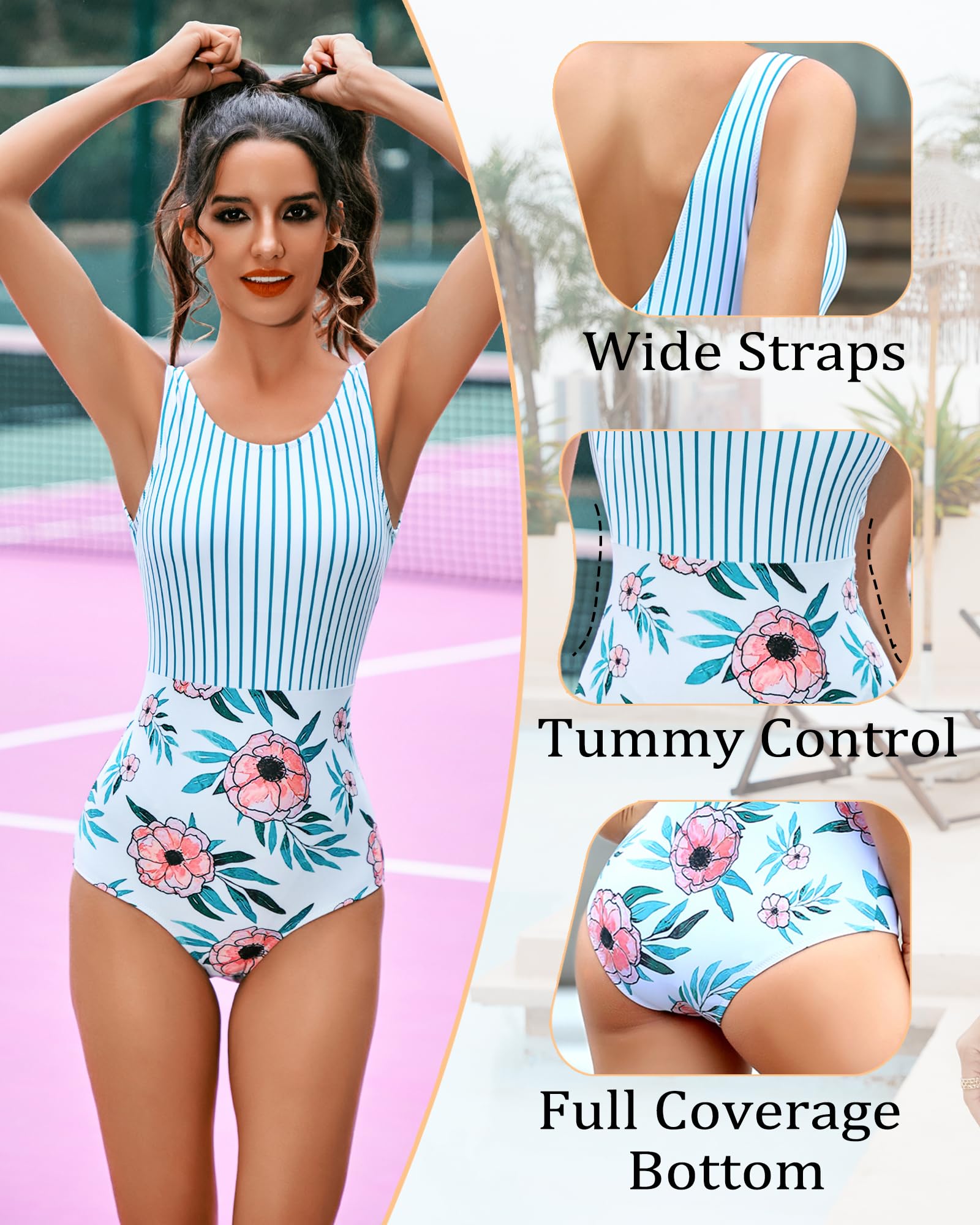 ZINPRETTY Women's High Waisted Athletic One Piece Swimsuit - Backless Striped Sports Bathing Suit with High Cut Leg for Swimming, Surfing & Beach Workouts