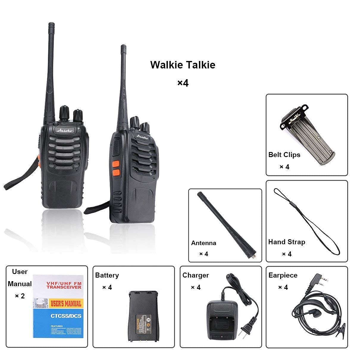 Long Range Walkie Talkies for Adults - Rechargeable Two Way Radios with 16 UHF Channels, 4-Pack - Ideal for Hiking, Camping, Construction & Outdoor Adventures