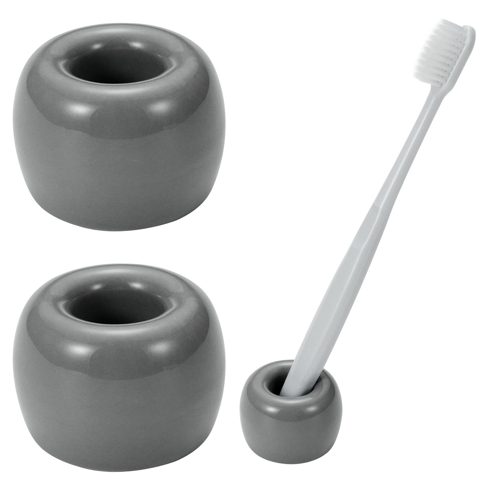 Ceramic Couple Toothbrush Holder Set - Handmade Bathroom Organizer for Electric Toothbrush Heads & Office Pens - 2-Piece Gray Toothbrush Stand for Couples - Perfect for Modern Bathrooms & Workspaces