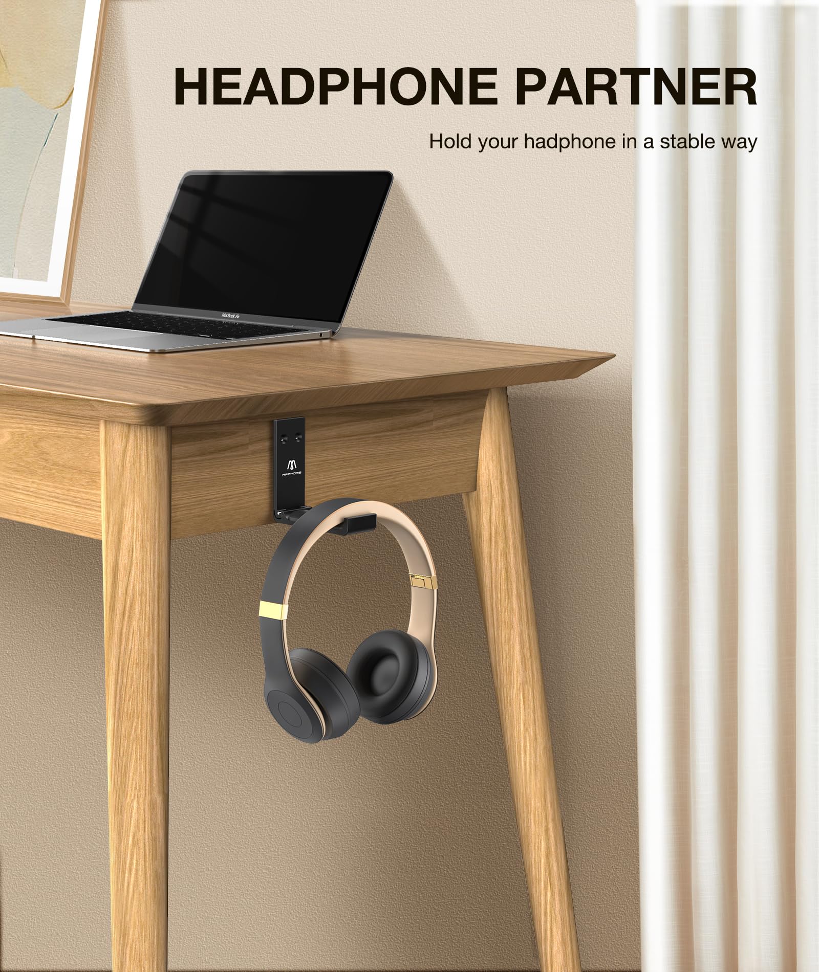 Foldable Aluminum Headphone Stand Hanger - Space Saving Wall Mount Hook for Gaming Headsets with Strong Adhesive (Black) - Perfect for Home Office, Gaming Setup & Workspace Organization
