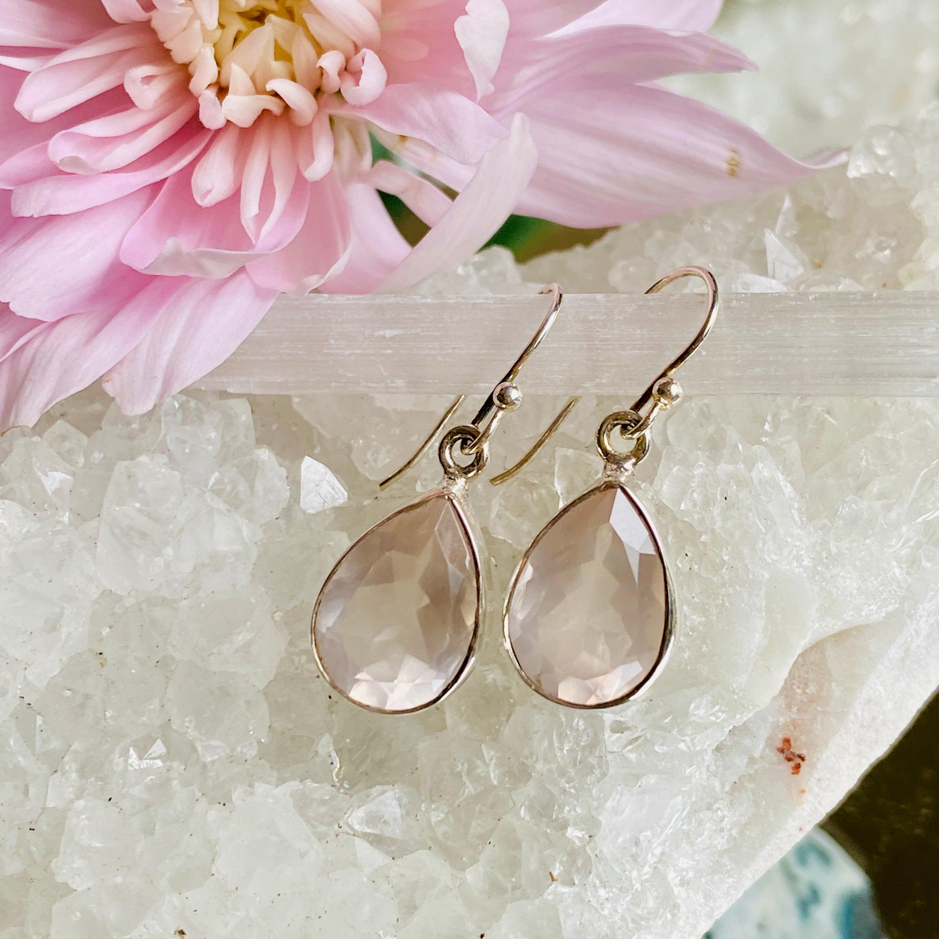 Rose Quartz Faceted Teardrop Earrings for Women - Dainty Crystal Drop Earrings for Everyday Wear, Gift Giving & Special Occasions