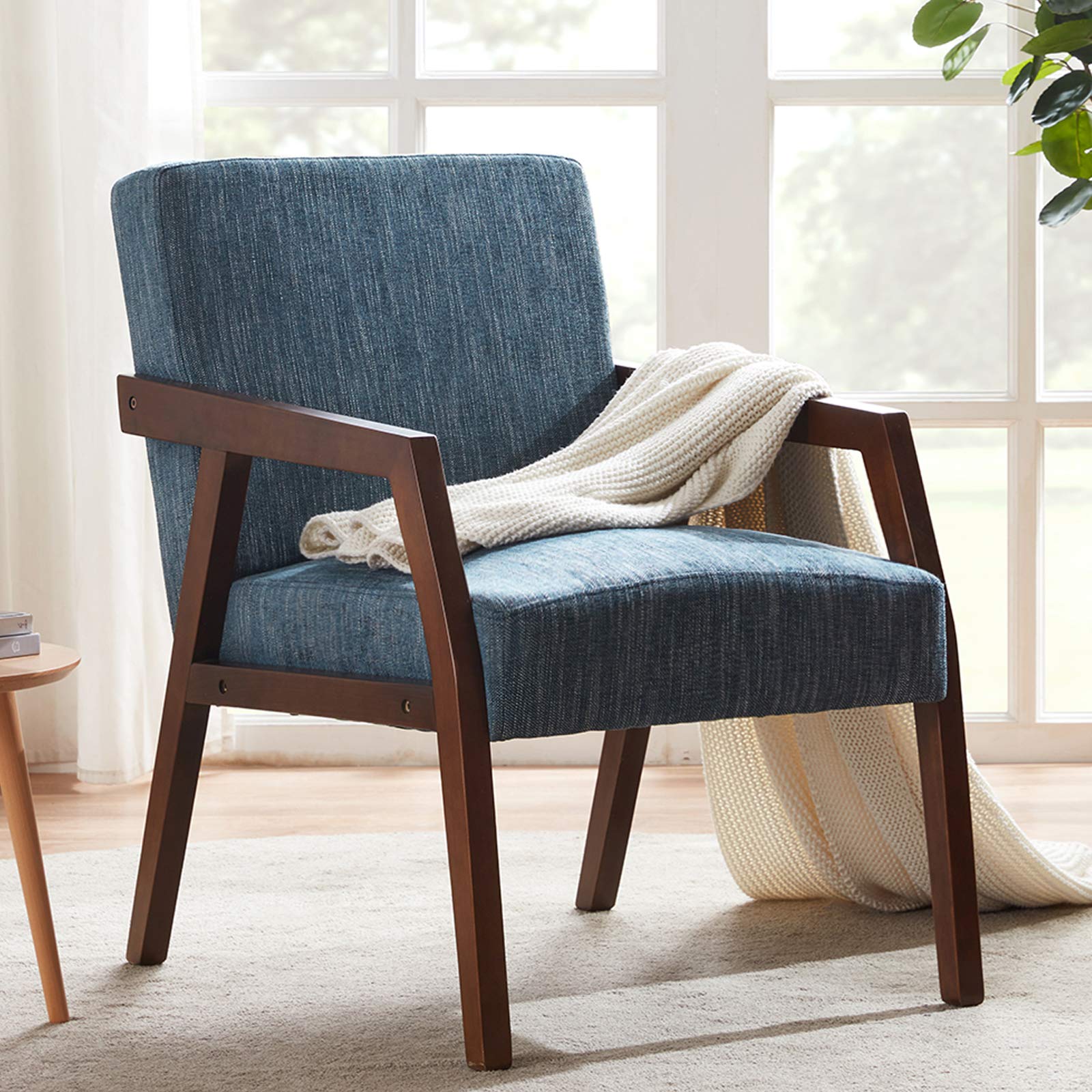 HUIMO Mid-Century Modern Wooden Accent Arm Chair - Elegant Upholstered Lounge Chair with Linen Fabric for Living Room, Bedroom & Office - Blue Reading Side Chair - Perfect for Relaxing, Reading & Home Decor